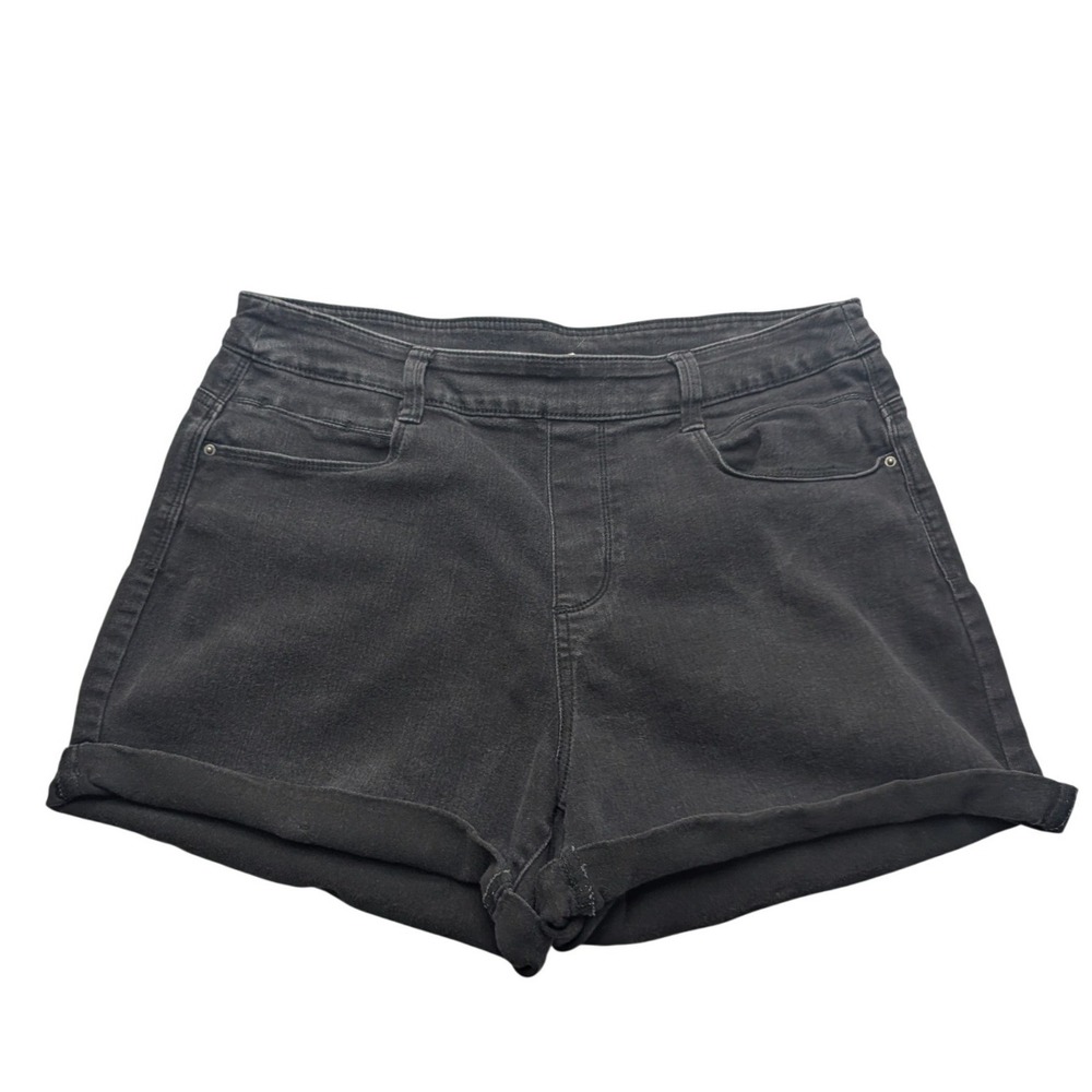 Time and Tru Denim Shorts Womens L 12-14 Black Stretch Faux Fly Rolled Cuff